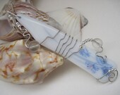 Fused Glass LongTender Floral Pendant White Blue Delicate  OOAK
