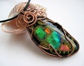 Fused Glass Big  Dichroic Rainbow  Pendant Rustic  Copper Wire   OOAK