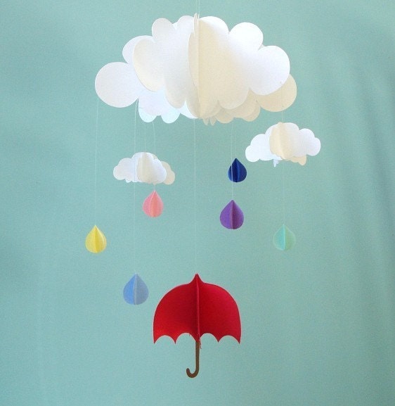 Rain Baby Mobile, Umbrella Baby Mobile, Raindrops Hanging Baby Mobile, 3D Paper Mobile, Nursery Mobile