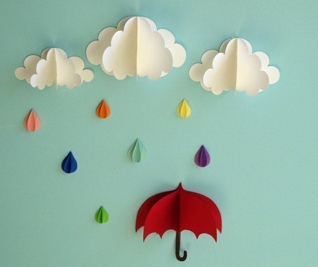 Red Umbrella, Raindrops and Clouds Wall Art/3D Paper Wall Decor/Wall Decals