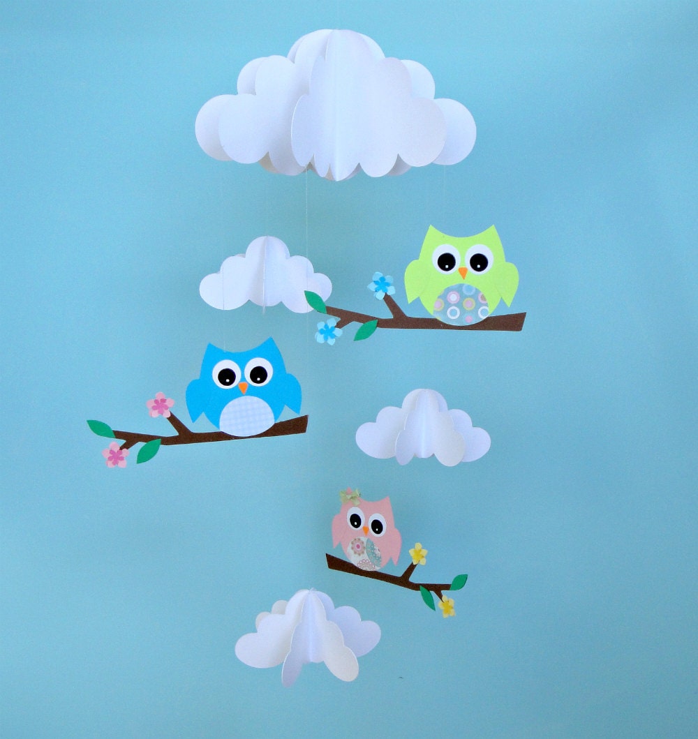 Baby Mobile, Owls and Clouds Hanging Paper Nursery Mobile, Crib Mobile, 3D Mobile