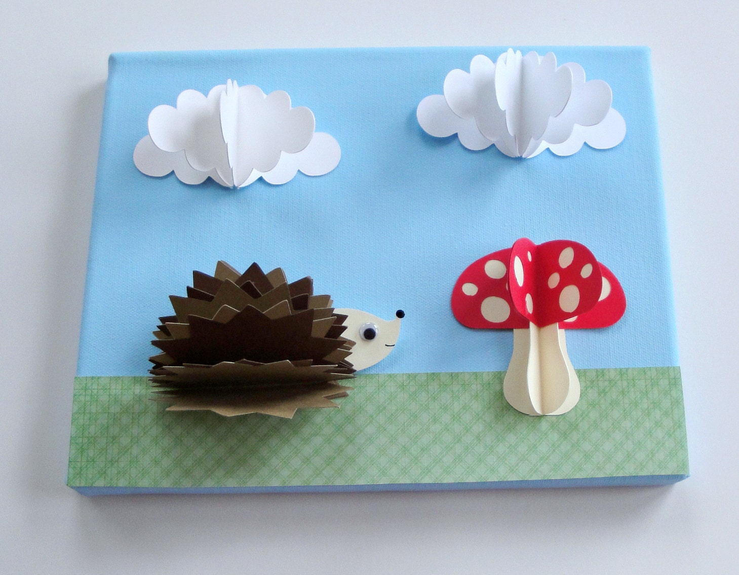 Original Hedgehog and mushroom 3D Paper Wall Art on 8 x 10 Canvas (Not a print)--Nursery art, Nursery decor, Woodland, Kids Art, Kids Decor