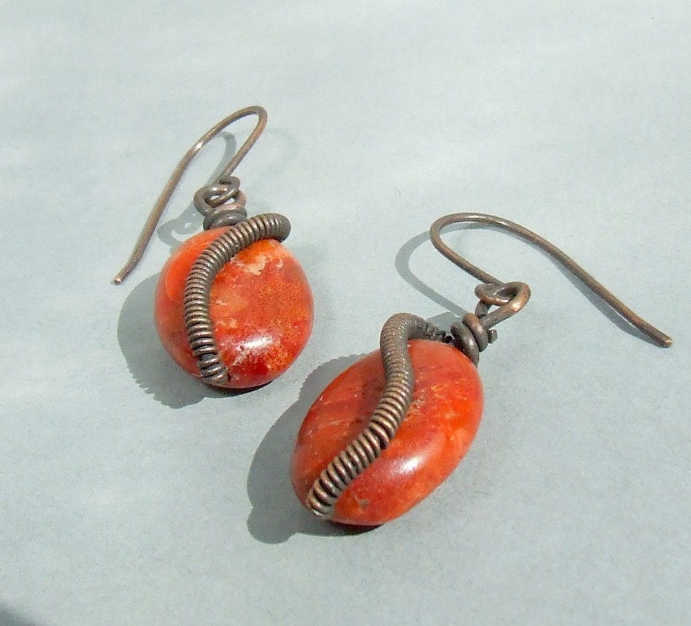 Red coral copper earrings wire wrapped handmade antiqued jewelry
