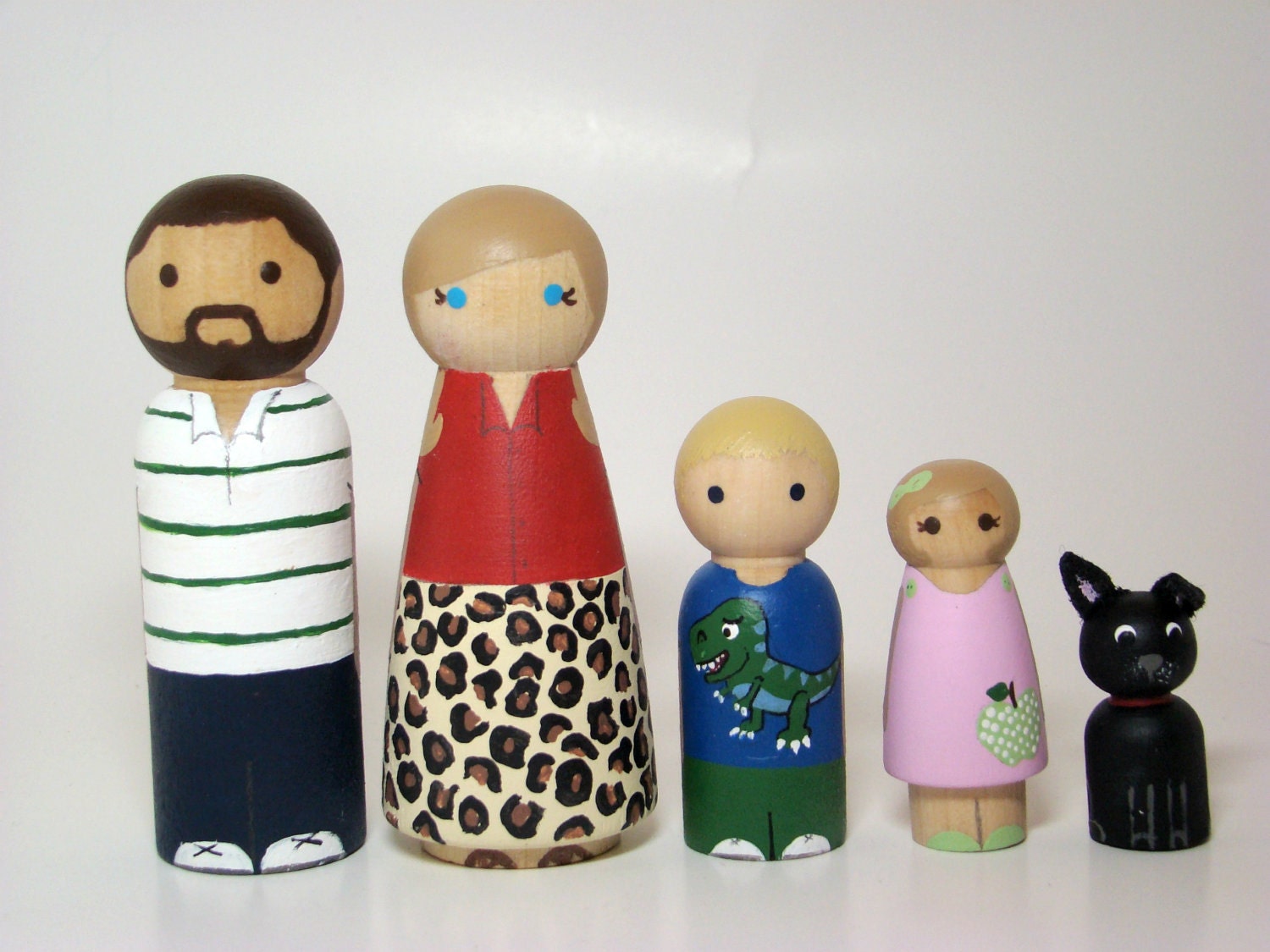 Large Family of 5 Custom Wood Peg Dolls