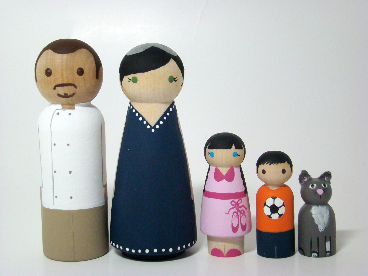 Large Family of 5 Custom Wood Peg Dolls