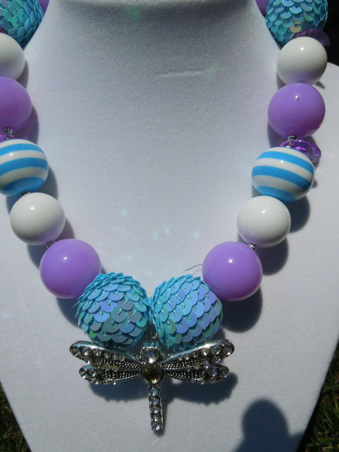PRETTY CHUNKY Beaded Necklace With Lt. Blue Sequin Balls And Silver And Rhinestone Dragonfly Pendant-Photo Prop