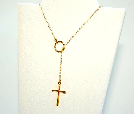 Hanging Cross Lariat Necklace-STERLING SILVER-Yellow Gold Plated