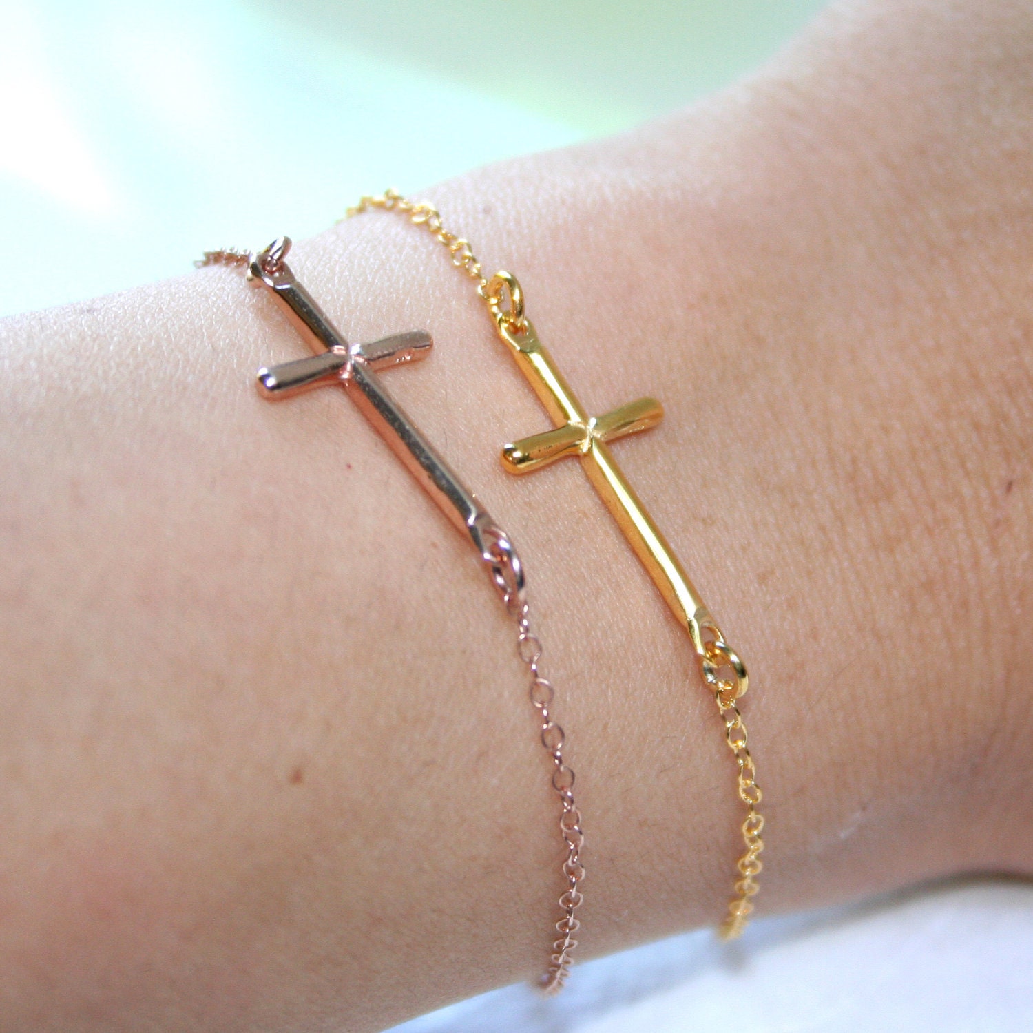 YELLOW GOLD PLATED Sterling Silver Sideways Cross Bracelet
