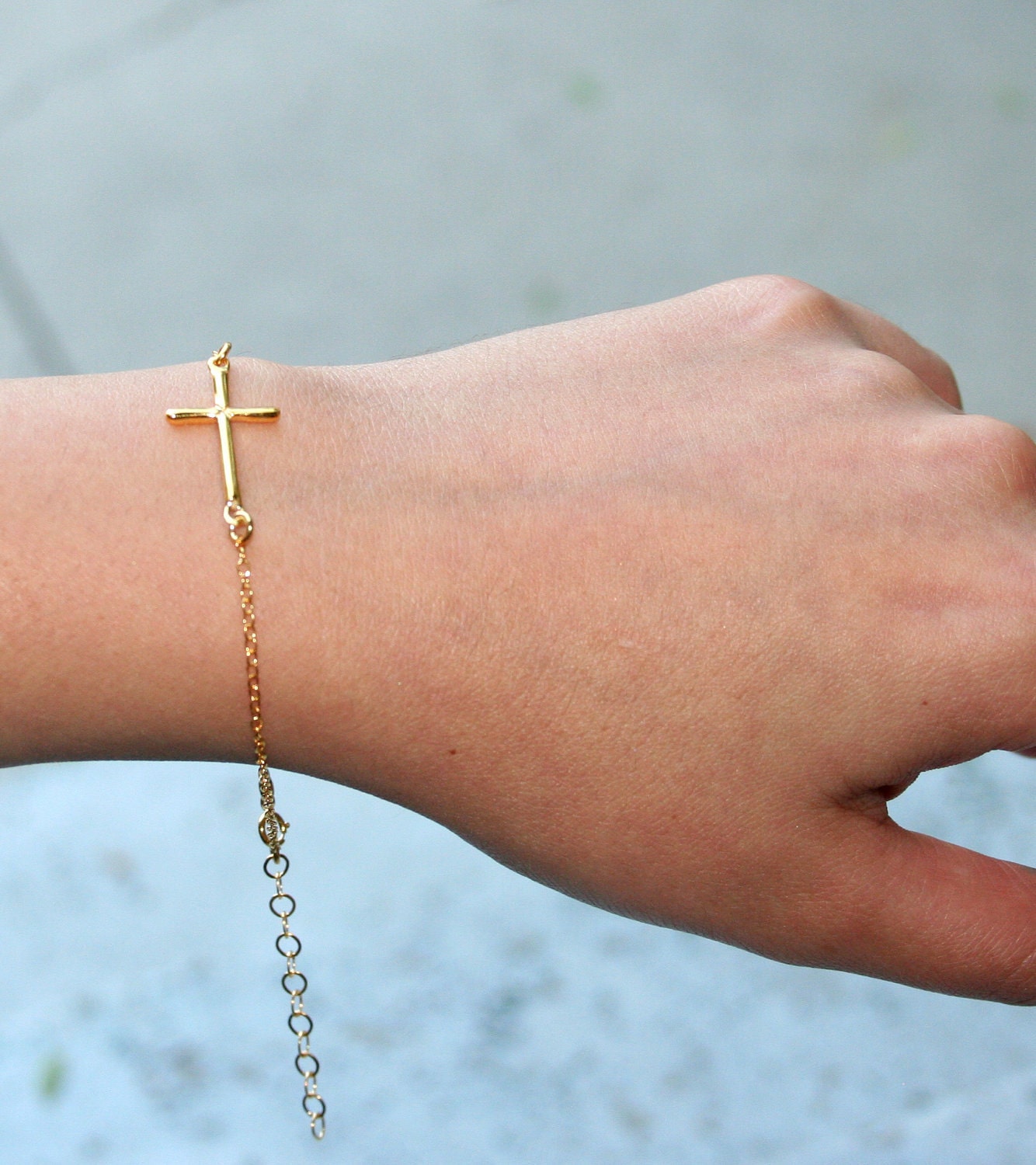 YELLOW GOLD PLATED Sterling Silver Sideways Cross Bracelet