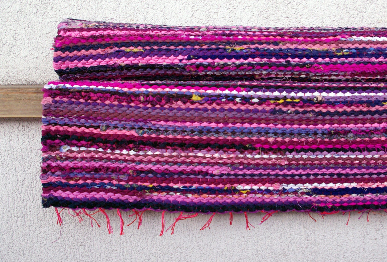 Hand woven Rag Rug - pink burgundy violet, 2.13' x 4.59'