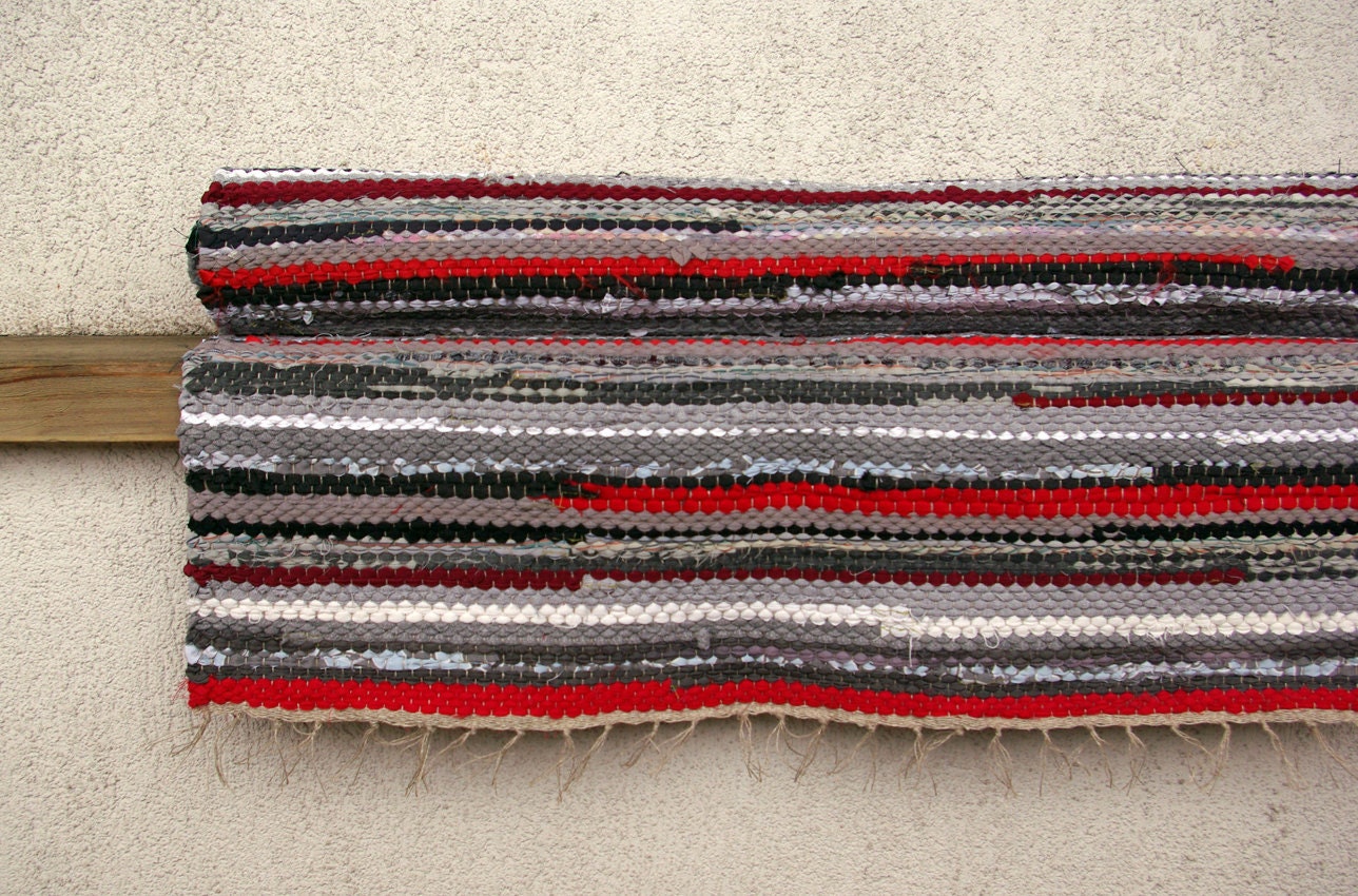 Hand woven Rag Rug - red, grey 2.07' x 5.61'