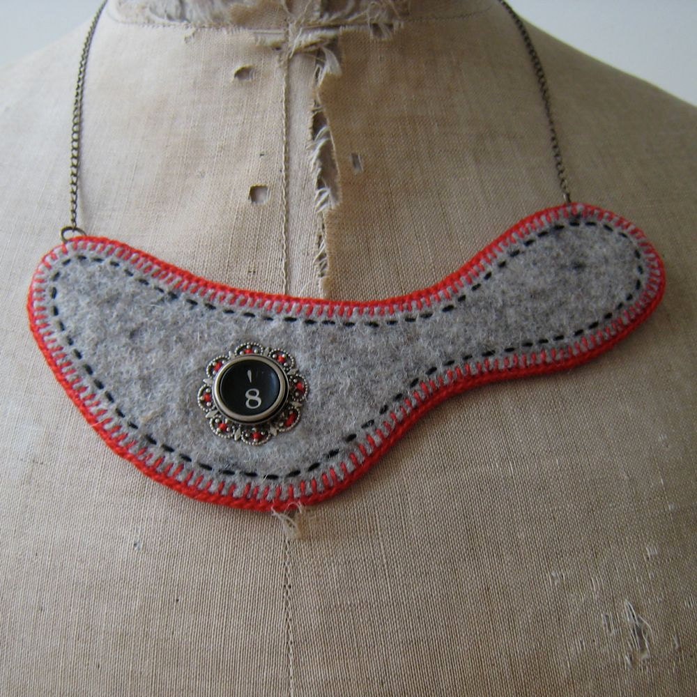 Typewriter key textile necklace - grey felt and red crochet with black key eight