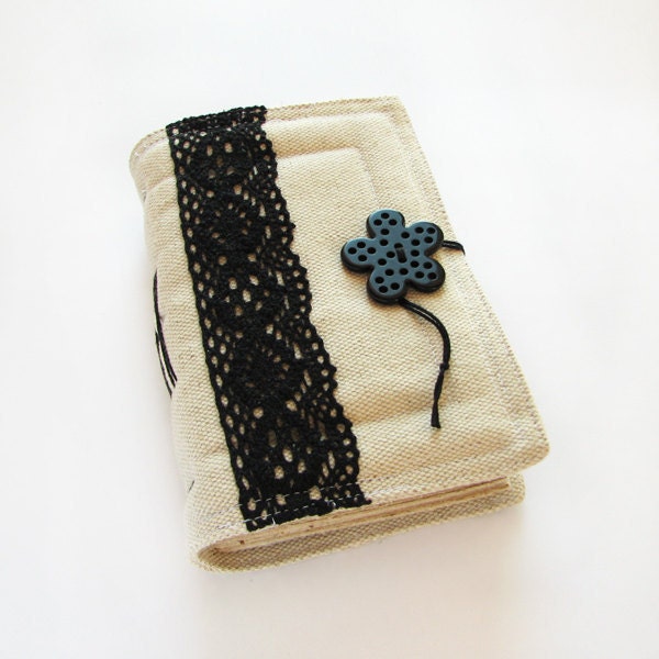 Black Flower - fabric journal, diary, sketchbook, brown craft paper
