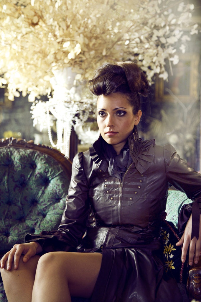 Ladies Brown Leather Steampunk Victorian Corset Couture Dress Coat