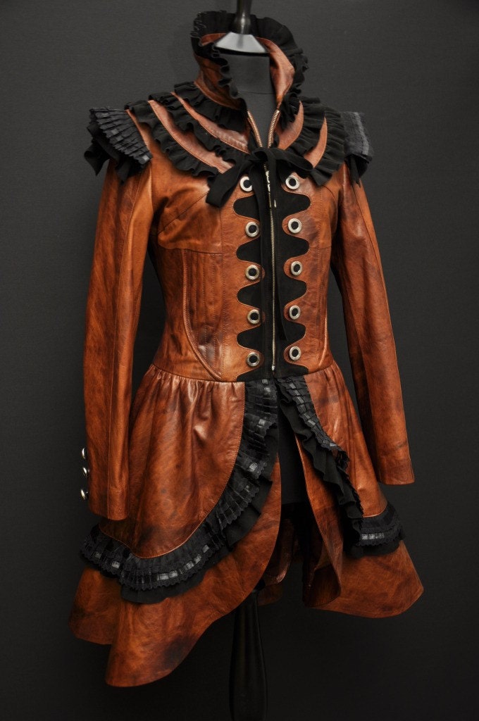 Steampunk Victorian Burlesque Costume Bespoke Leather Dress Coat Impero London