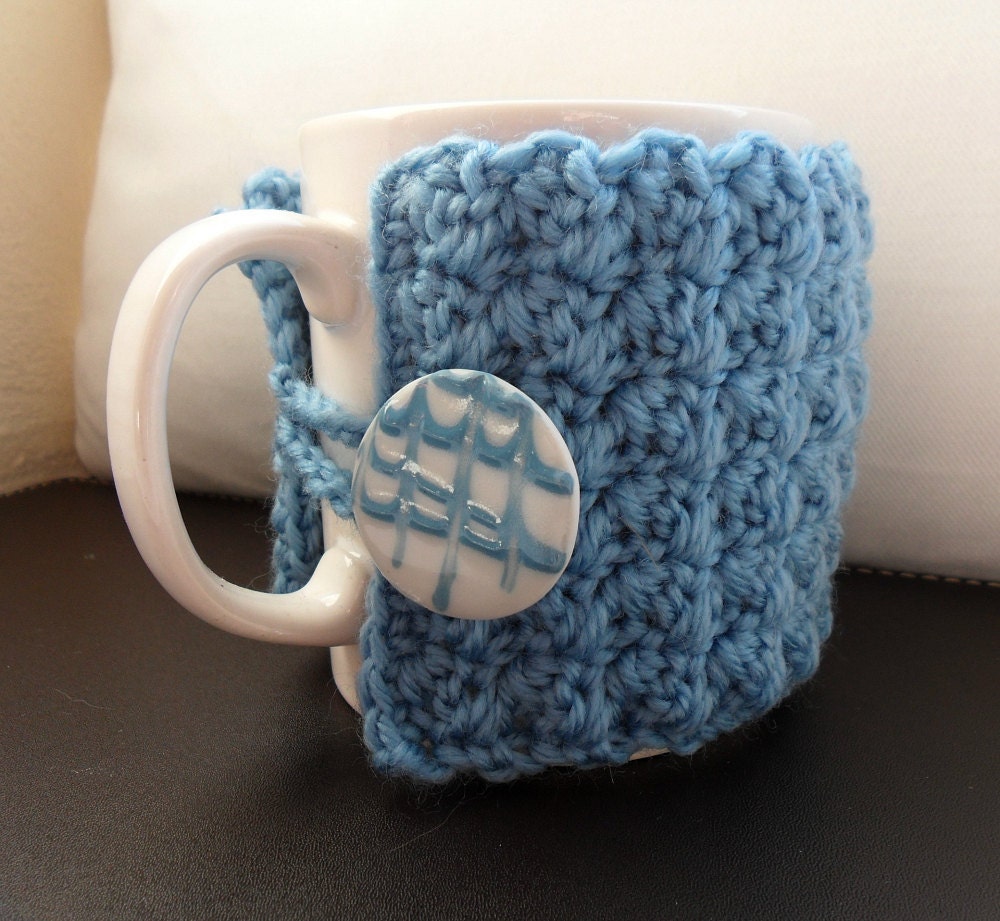 Crochet Mug Cozy Cup Cosy Blue Ceramic Button