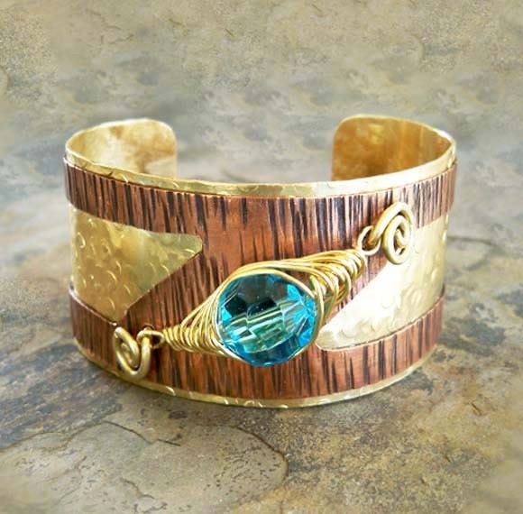 On SALE - Ancient Egyptian Jewelry Hammered Copper Cuff Bracelet Blue Crystal Cuff