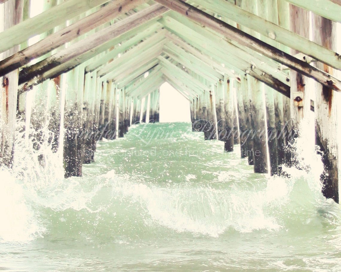 beach photography white mint green brown waves pier water / 8x8 Fine Art Photograph / Ocean Isle NC / Ocean Isle Pier n.5
