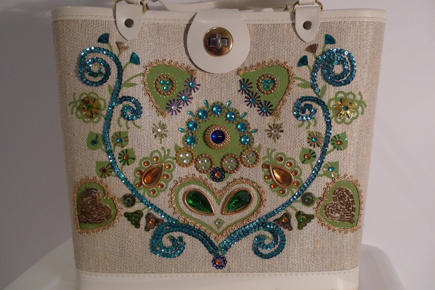 FLORAL Bucket Bag Purse Jewel Tone Vintage Spring Enid Collins Style General Craft Kit Canvas Handbag Sequins Rhinestones FREE SHIPPING