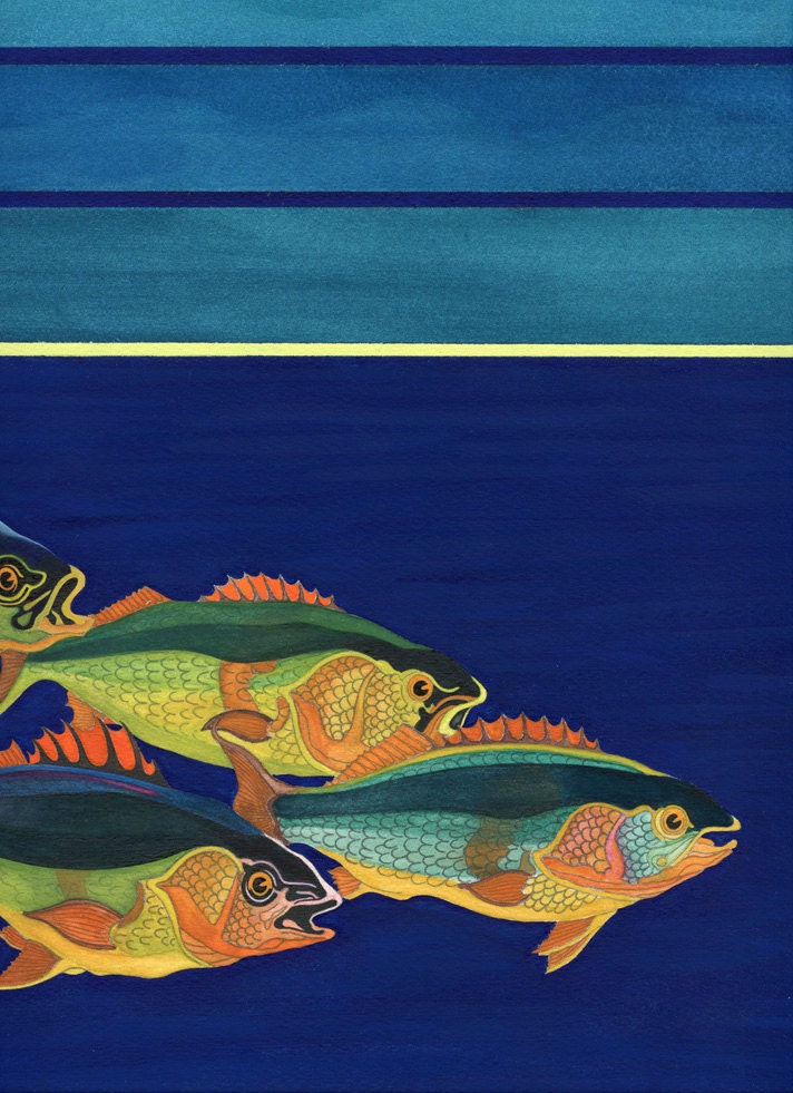 Four Fish Blue - Fine Art Print of an original gouache painting