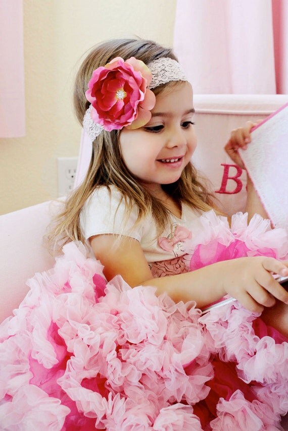 Gorgeous Peach and Pink Ranunculus Flower Attached to a Pink Lace Headband - Baby Girl and Toddler Headband - Great Photo Prop