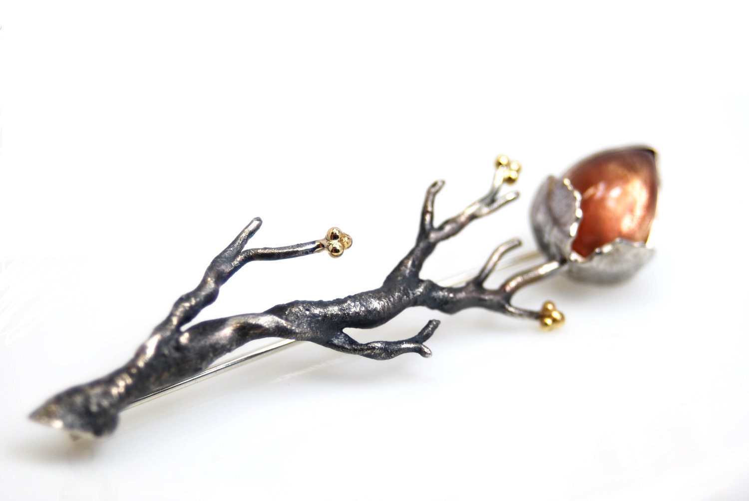 sunstone branch brooch in sterling silver and 18k. gold- OOAK- Promises of the Sun
