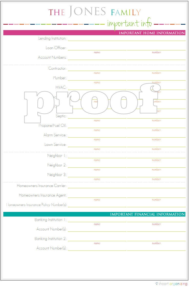 Personalized Important Household Information Printable