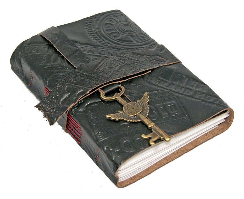 Black Leather Journal with Winged Clock Key Charm Bookmark