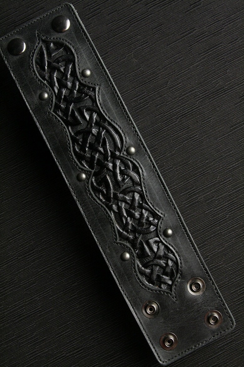 Leather Cuff, Leather Bracelet: Black Leather Cuff with a Celtic Design "Celtic Black Beauty Cuff"