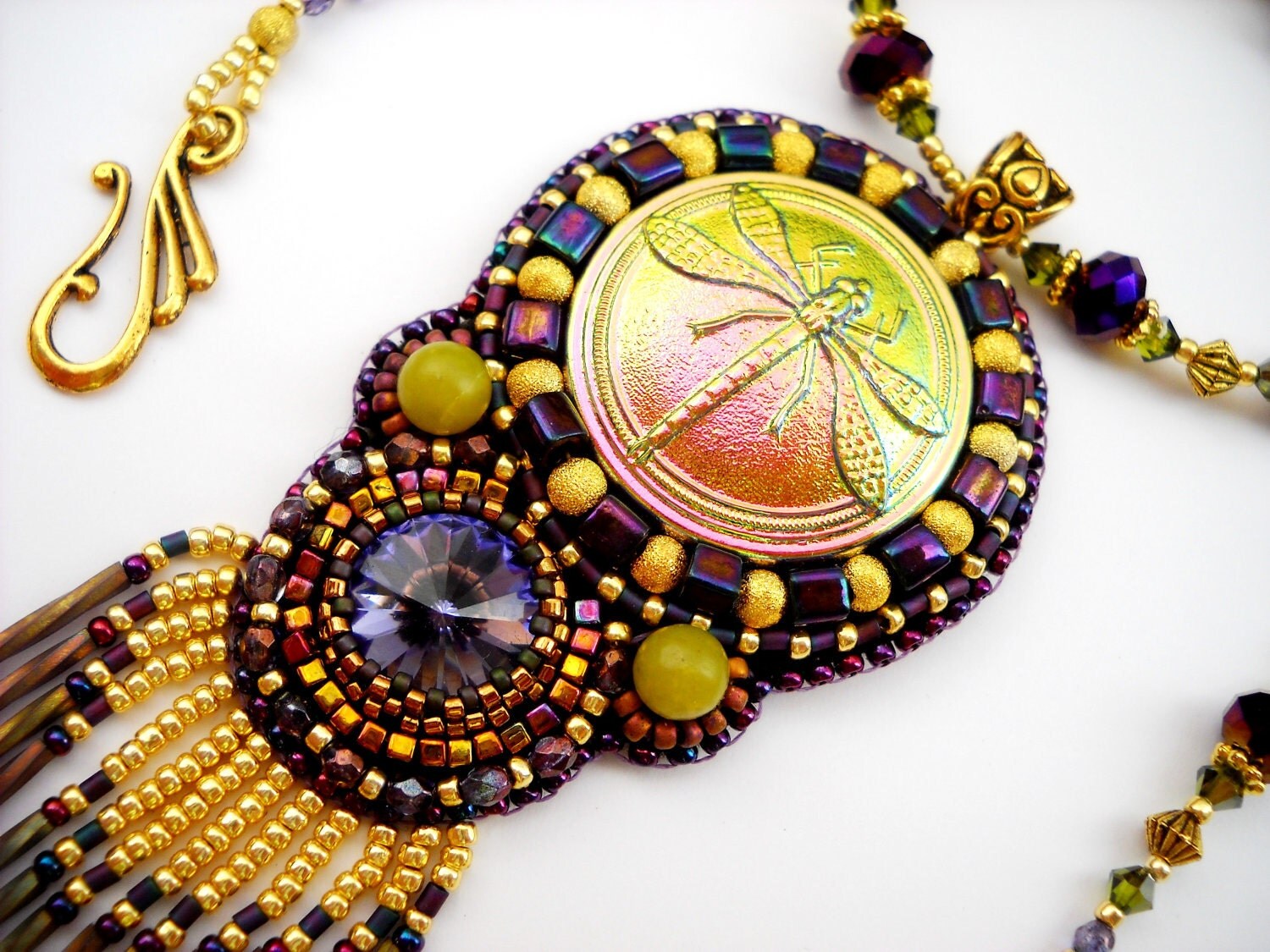 RESERVED for hgbm - Bead Embroidery Necklace Purple Gold Bead Embroidered Swarovski Dragonfly