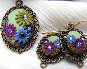 Flower necklace, bib strand statement necklace, eco friendly pendant, jewelry embroidery cabochon minty green polymer clay pendant earrings