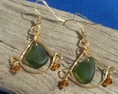 Wire wrapped teardrop hoop earrings, olive beach glass, Swarovski crystal, fall colors