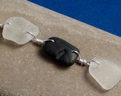 Black and white necklace, white sea glass and black slag glass triple hung pendant, silver plate