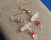 Sale 30% Off Beach glass jewelry earrings with white sea glass, red Swarovski crystal, beach wedding