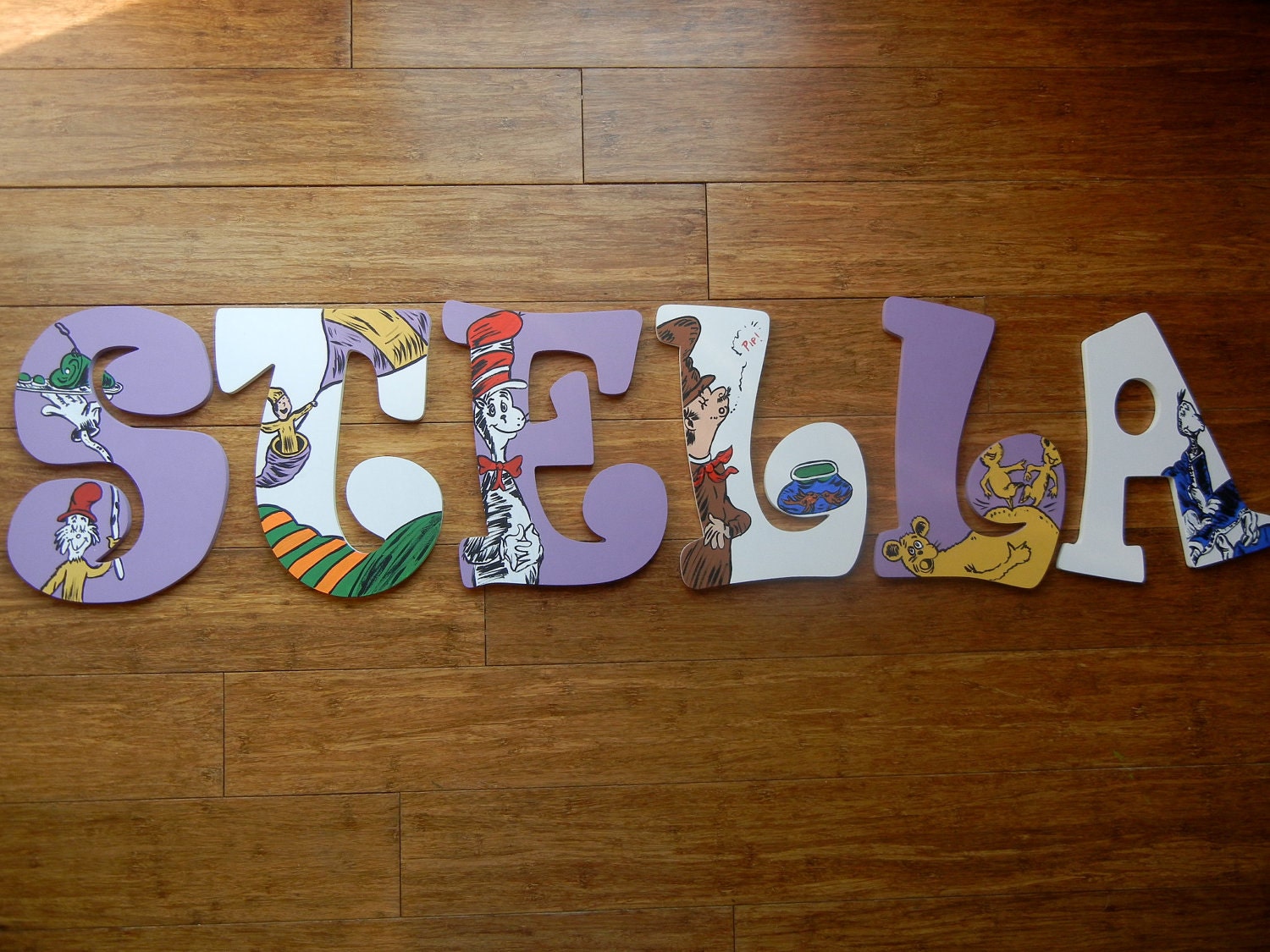 Dr Seuss inspired hand painted wooden wall letters, Horton Hears a Who, One Fish Two Fish, Places You'll Go, Hop on Pop, Green Eggs and Ham