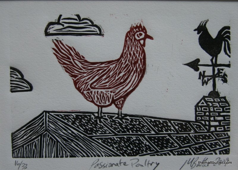 Red Chicken in Love Linocut Print