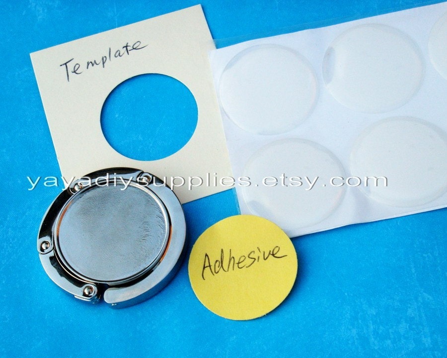 Custom Purse Hooks Complete DIY Kit - Blank Purse Hook - Clear PU Resin Dome Sticker - Double Sided Adhesive - Circle Template - Velvet Drawstring Pouch