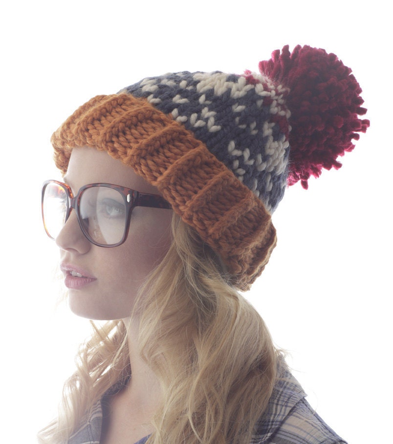 Ski Sweater Pom Pom Hat - Fair Isle Orange, Red and Blue Print
