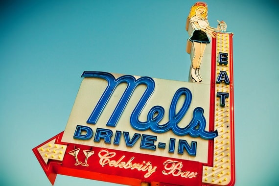 Mels Drive-In Vintage Neon Sign - Hollywood - Retro Kitchen Decor - American Graffiti Inspired - Gift for Dad - 16X24 Fine Art Photograph
