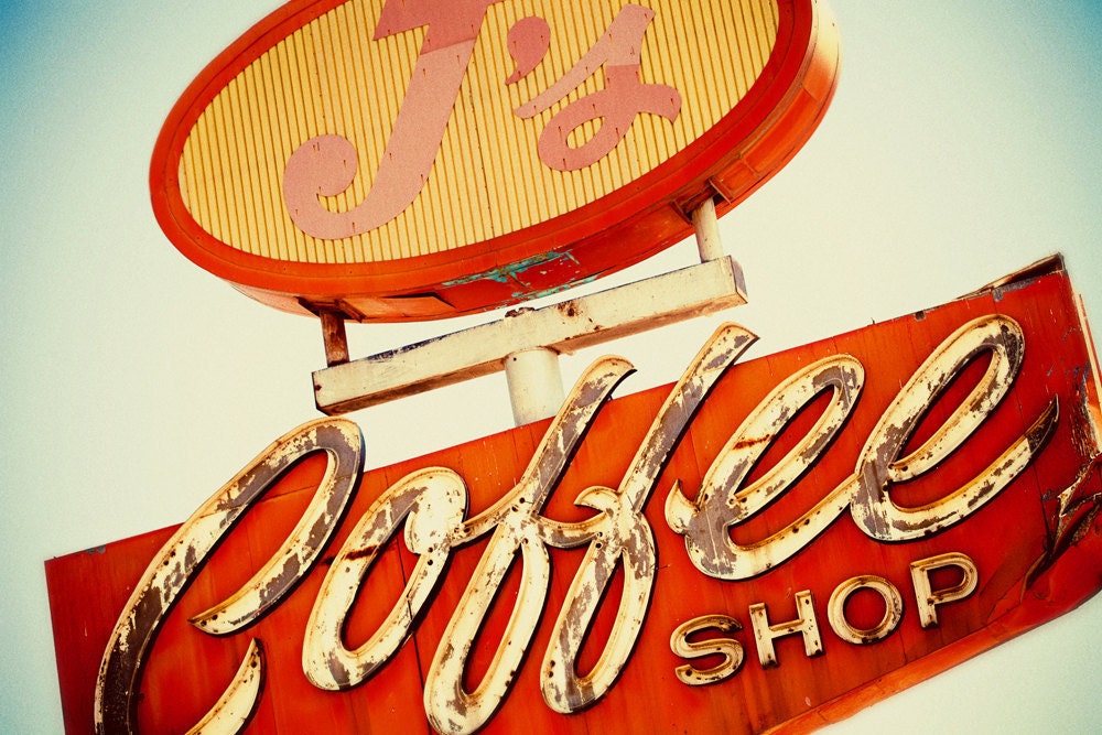 J's Coffee Shop Vintage Neon Sign - As Seen on Vintage and Flea - Retro Kitchen Decor - Historic Highway 99 - 20X30 Fine Art Photograph