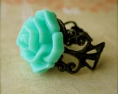 Mint Flower Ring - Bridesmaid Jewelry - Adjustable - Wedding Jewelry - Sea Foam Green - Filigree