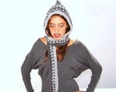 Crochet  hat - hood, hooded scarf, crocheted neck warmer, gray braids.