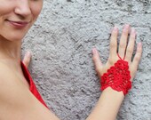 Red Crochet Lace Gloves, Fingerless, Hand jewelry, Gothic, Classic, Victorian, Sexy, Lolita, Yoga, Bracelet , Dance, Steampunk, Wedding