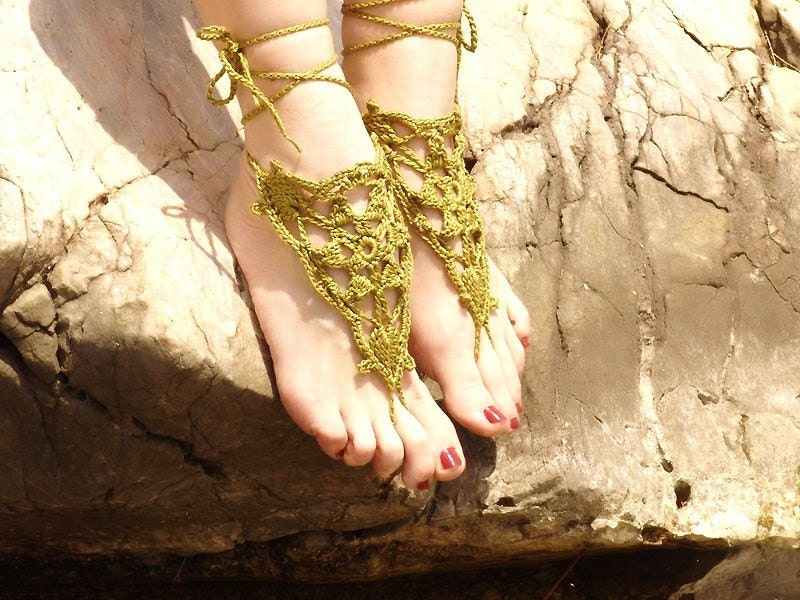 Crochet Khaki Barefoot Sandals, Nude shoes,  Foot jewelry,Wedding, Victorian Lace, Sexy, Yoga, Anklet , Bellydance, Steampunk, Beach Pool