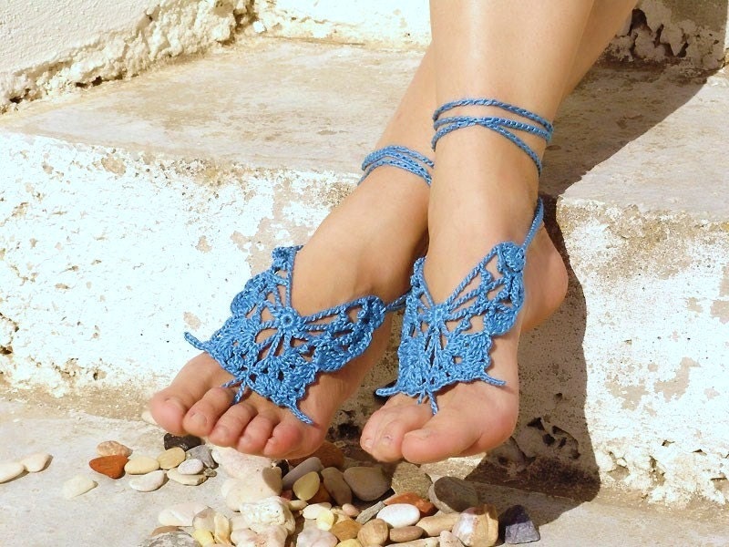 Crochet Butterfly BLUE Barefoot Sandles, Barefoot sandals, Leg accessory, Nude shoes, Foot jewelry, Wedding, Victorian Lace, Sexy, Yoga