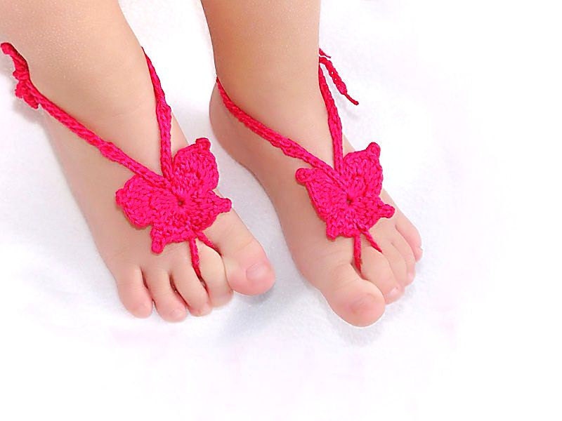 Baby Butterfly Barefoot sandals, Baby shoes, Hot Pink, Fuchsia, Magenta