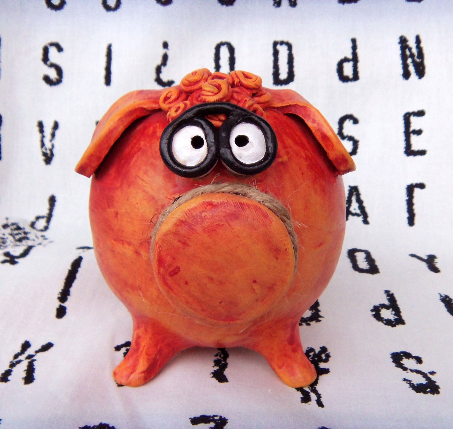 Handmade Red Ceramic Piggy Bank with Glasses