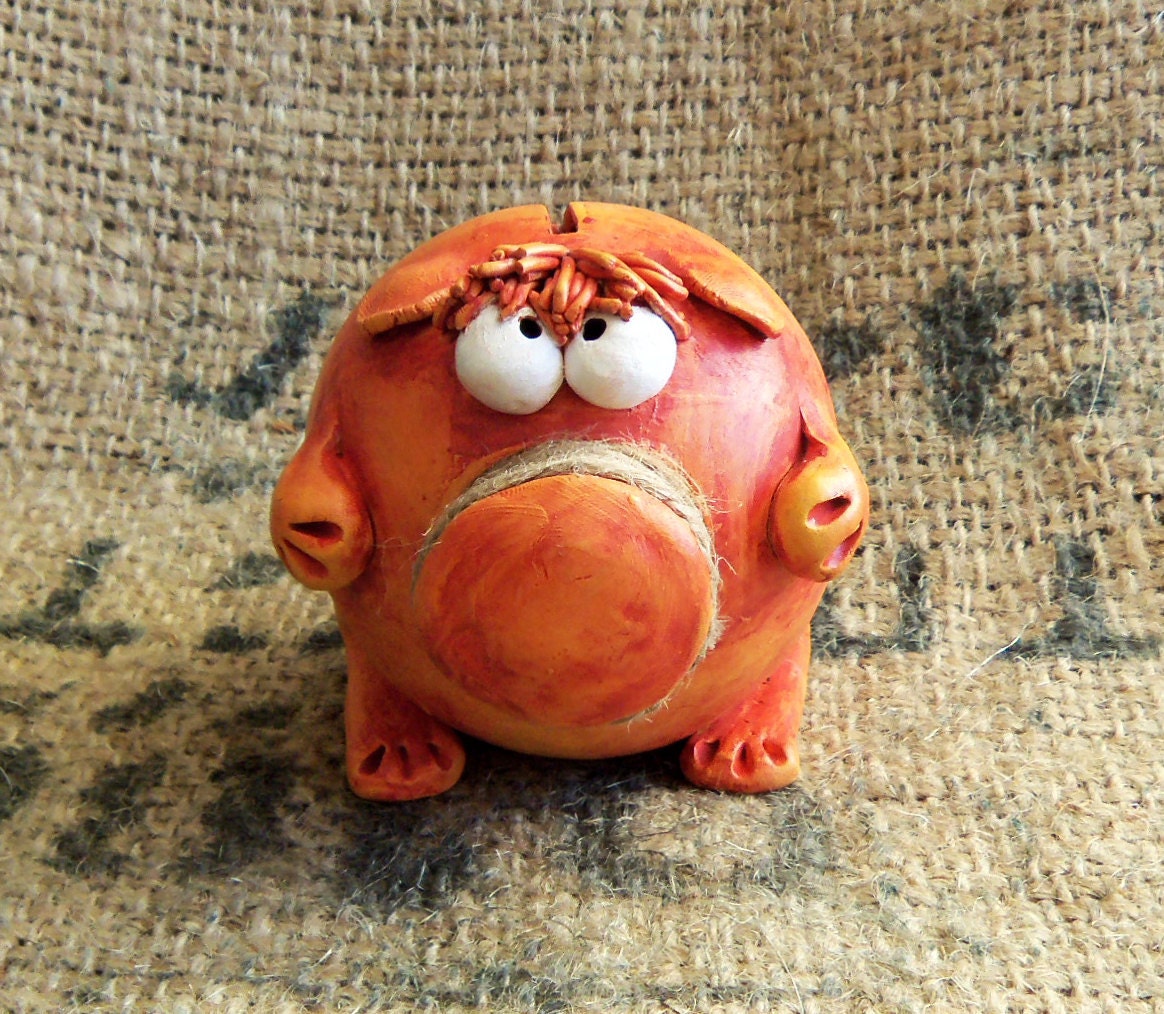 Handmade Ceramic Piggy Bank -- Red Orange Friendly Monster