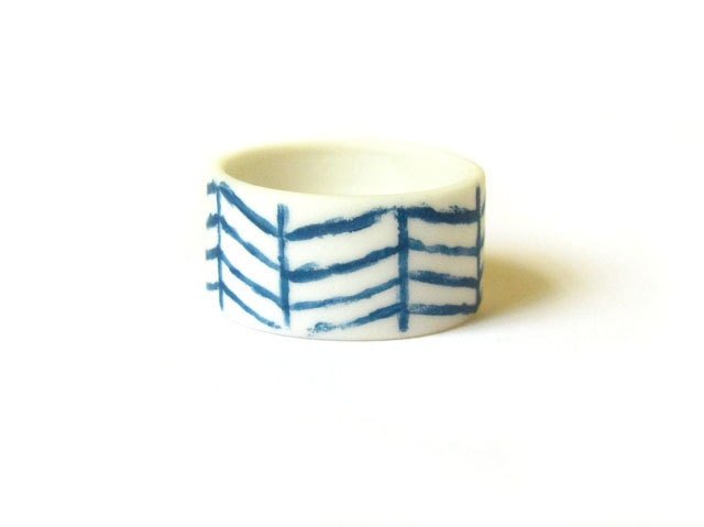 Chevron Ring - Teal Blue Pattern Porcelain Ring