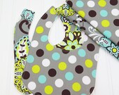 Baby Gift Set Bibs and Burp Cloths Grey Aqua Blue and Lime Green, Baby Shower Gift Set